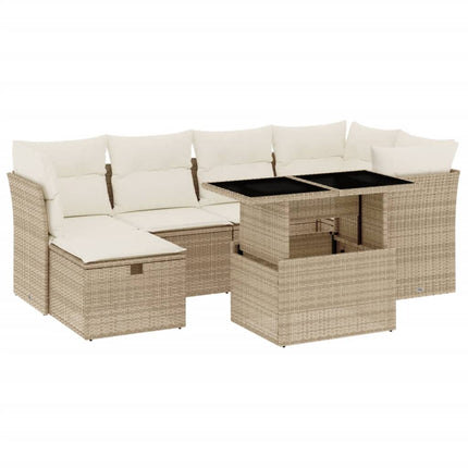 Matgrupp för trädgården med dynor 7 delar beige konstrotting