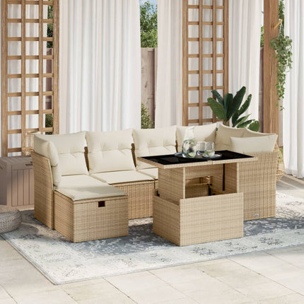Matgrupp för trädgården med dynor 7 delar beige konstrotting