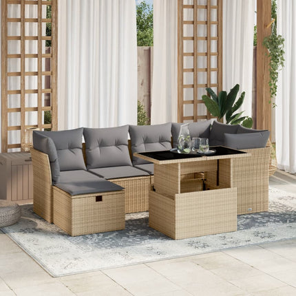 Matgrupp för trädgården med dynor 7 delar beige konstrotting