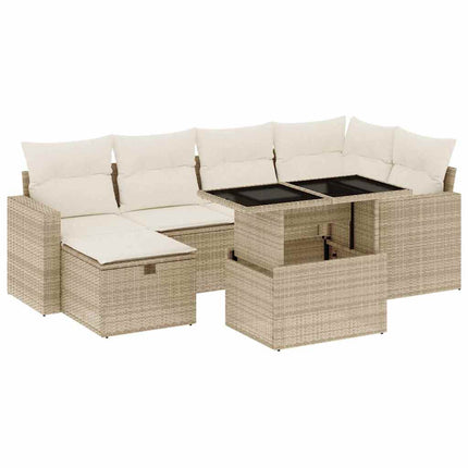 Matgrupp för trädgården med dynor 7 delar beige konstrotting
