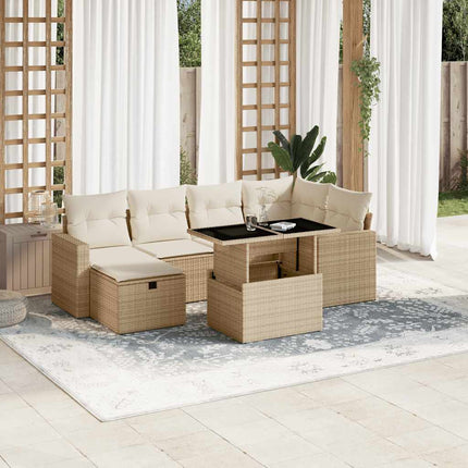 Matgrupp för trädgården med dynor 7 delar beige konstrotting