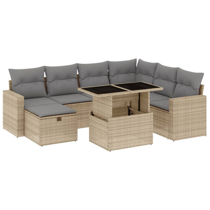 Matgrupp för trädgården med dynor 8 delar beige konstrotting