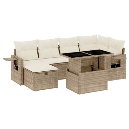 Matgrupp för trädgården med dynor 7 delar beige konstrotting