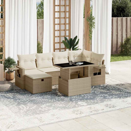 Matgrupp för trädgården med dynor 7 delar beige konstrotting