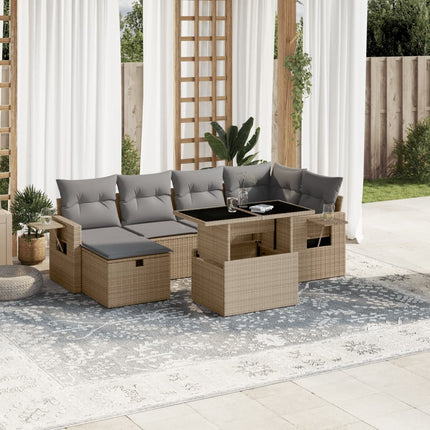 Matgrupp för trädgården med dynor 7 delar beige konstrotting