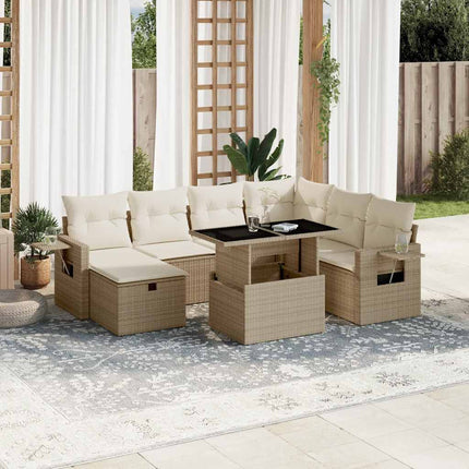 Matgrupp för trädgården med dynor 8 delar beige konstrotting