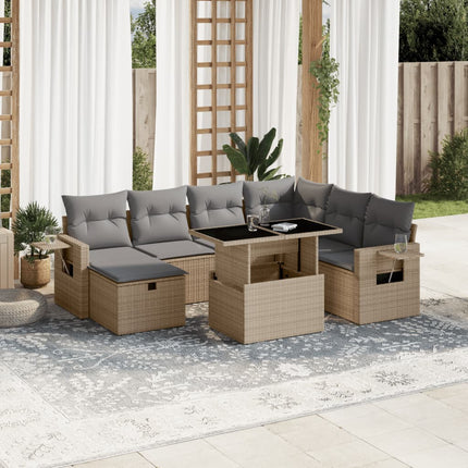 Matgrupp för trädgården med dynor 8 delar beige konstrotting