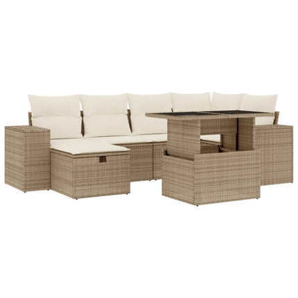 Matgrupp för trädgården med dynor 7 delar beige konstrotting
