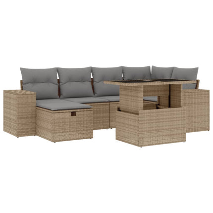 Matgrupp för trädgården med dynor 7 delar beige konstrotting