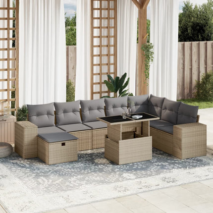 Soffgrupp för trädgården med dynor 9 delar beige konstrotting