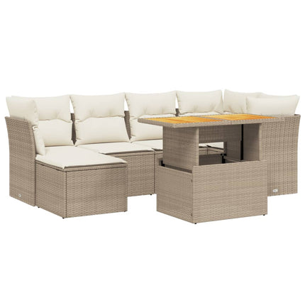 Matgrupp för trädgården med dynor 7 delar beige konstrotting