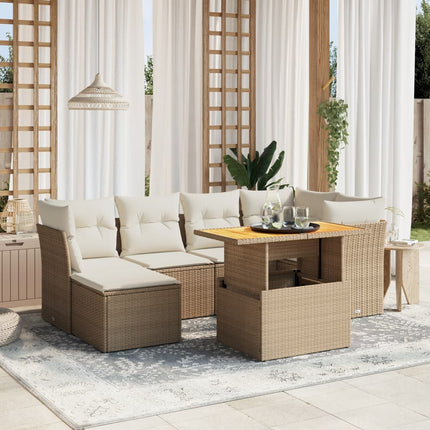 Matgrupp för trädgården med dynor 7 delar beige konstrotting