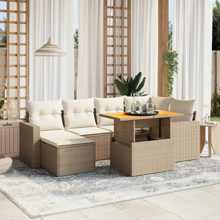 Matgrupp för trädgården med dynor 7 delar beige konstrotting