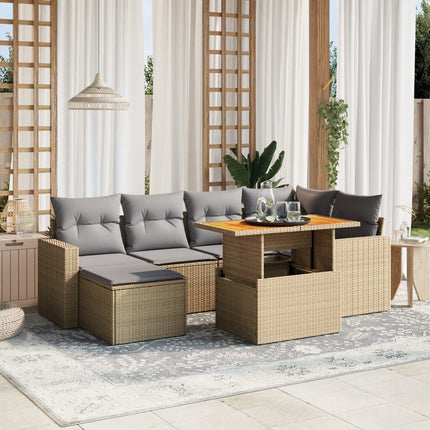 Matgrupp för trädgården med dynor 7 delar beige konstrotting