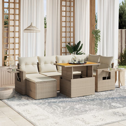 Matgrupp för trädgården med dynor 7 delar beige konstrotting