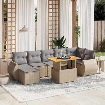 Matgrupp för trädgården med dynor 8 delar beige konstrotting