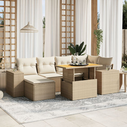 Matgrupp för trädgården med dynor 7 delar beige konstrotting