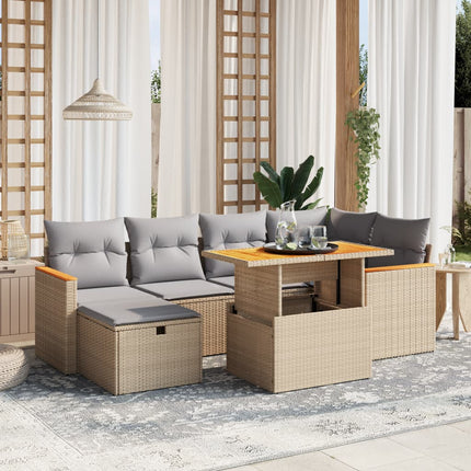 Matgrupp för trädgården med dynor 7 delar beige konstrotting