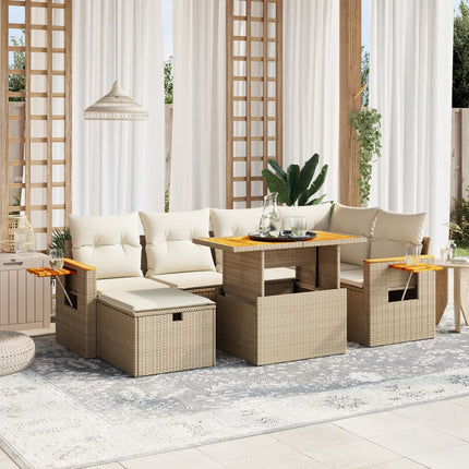Matgrupp för trädgården med dynor 7 delar beige konstrotting