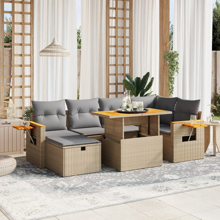 Matgrupp för trädgården med dynor 7 delar beige konstrotting