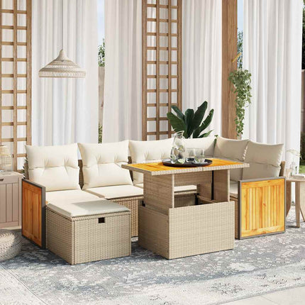 Matgrupp för trädgården med dynor 7 delar beige konstrotting