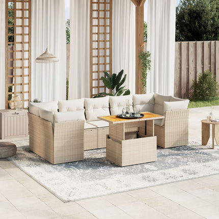 Matgrupp för trädgården med dynor 8 delar beige konstrotting
