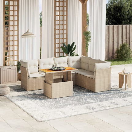 Matgrupp för trädgården med dynor 7 delar beige konstrotting