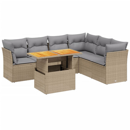 Matgrupp för trädgården med dynor 7 delar beige konstrotting
