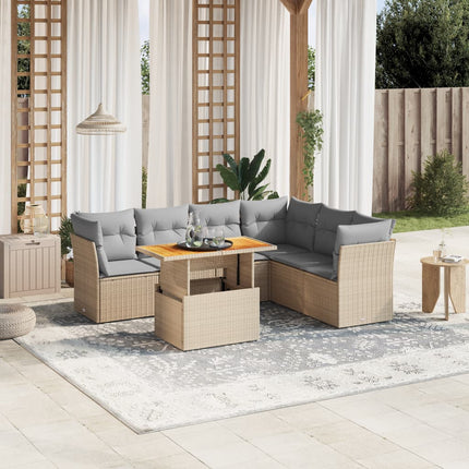Matgrupp för trädgården med dynor 7 delar beige konstrotting