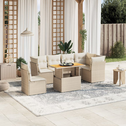 Matgrupp för trädgården med dynor 7 delar beige konstrotting