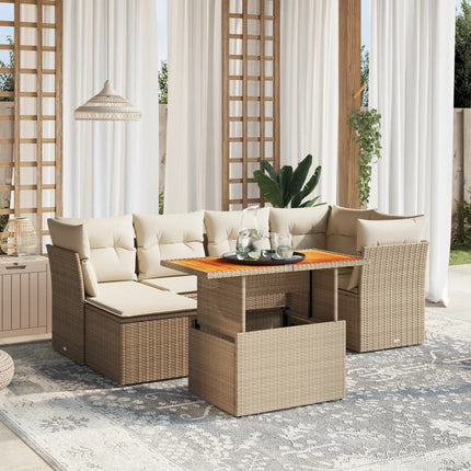 Matgrupp för trädgården med dynor 7 delar beige konstrotting