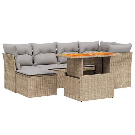 Matgrupp för trädgården med dynor 7 delar beige konstrotting