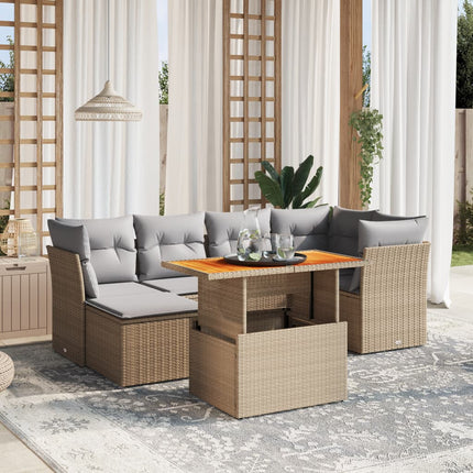 Matgrupp för trädgården med dynor 7 delar beige konstrotting
