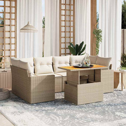 Matgrupp för trädgården med dynor 7 delar beige konstrotting