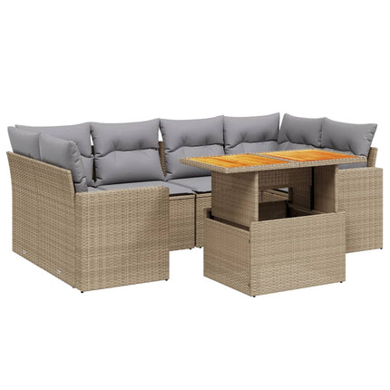 Matgrupp för trädgården med dynor 7 delar beige konstrotting