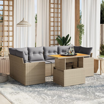 Matgrupp för trädgården med dynor 7 delar beige konstrotting