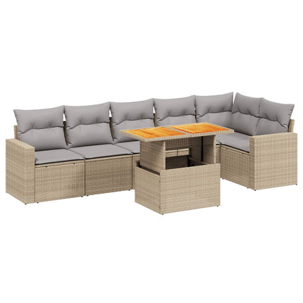 Matgrupp för trädgården med dynor 7 delar beige konstrotting