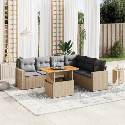Matgrupp för trädgården med dynor 7 delar beige konstrotting