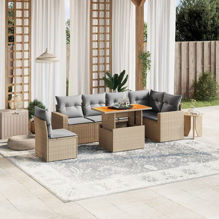 Matgrupp för trädgården med dynor 7 delar beige konstrotting