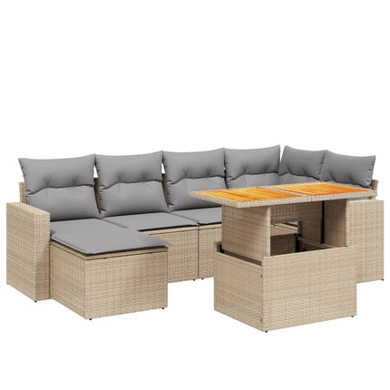 Matgrupp för trädgården med dynor 7 delar beige konstrotting