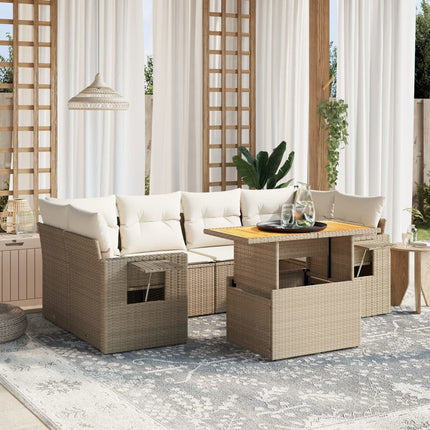 Matgrupp för trädgården med dynor 7 delar beige konstrotting