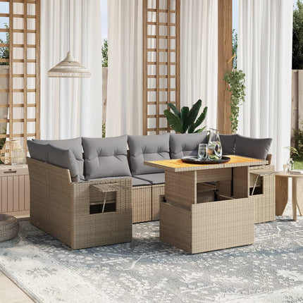 Matgrupp för trädgården med dynor 7 delar beige konstrotting