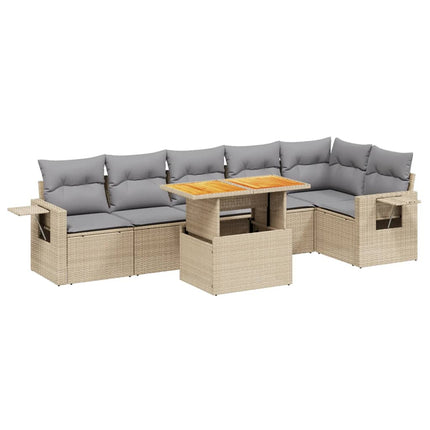 Matgrupp för trädgården med dynor 7 delar beige konstrotting