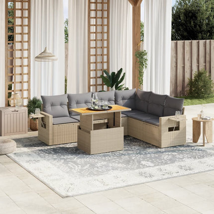 Matgrupp för trädgården med dynor 7 delar beige konstrotting
