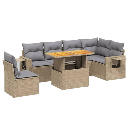 Matgrupp för trädgården med dynor 7 delar beige konstrotting