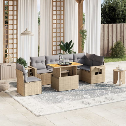 Matgrupp för trädgården med dynor 7 delar beige konstrotting