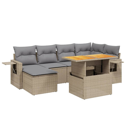 Matgrupp för trädgården med dynor 7 delar beige konstrotting
