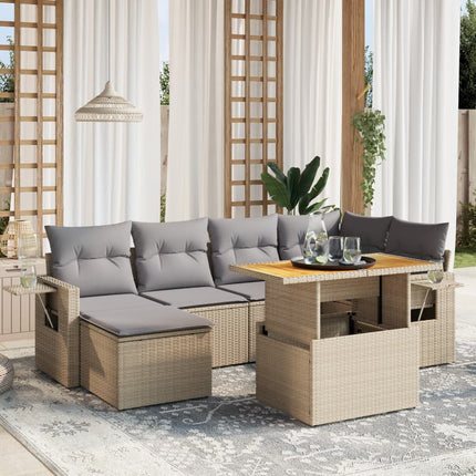 Matgrupp för trädgården med dynor 7 delar beige konstrotting