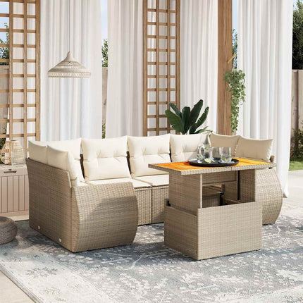Matgrupp för trädgården med dynor 7 delar beige konstrotting