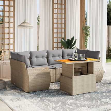 Matgrupp för trädgården med dynor 7 delar beige konstrotting
